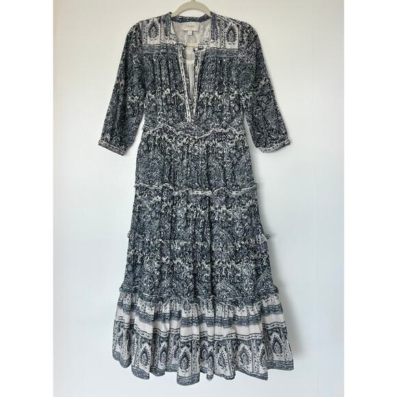 EUC Cleobella Dalia Midi Dress Blue Gray Rishi Block Print Boho Cotton Small (S) - Picture 14 of 16